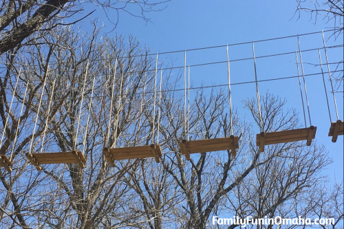 A wooden climbing feature at Go Ape Treetop Adventure Course at Mahoney State Park. 