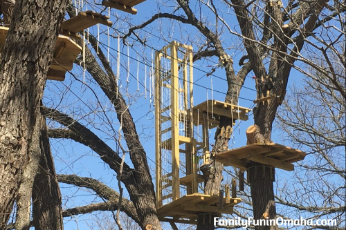 A close up of a wooden climbing feature at Go Ape Treetop Adventure Course at Mahoney State Park. 