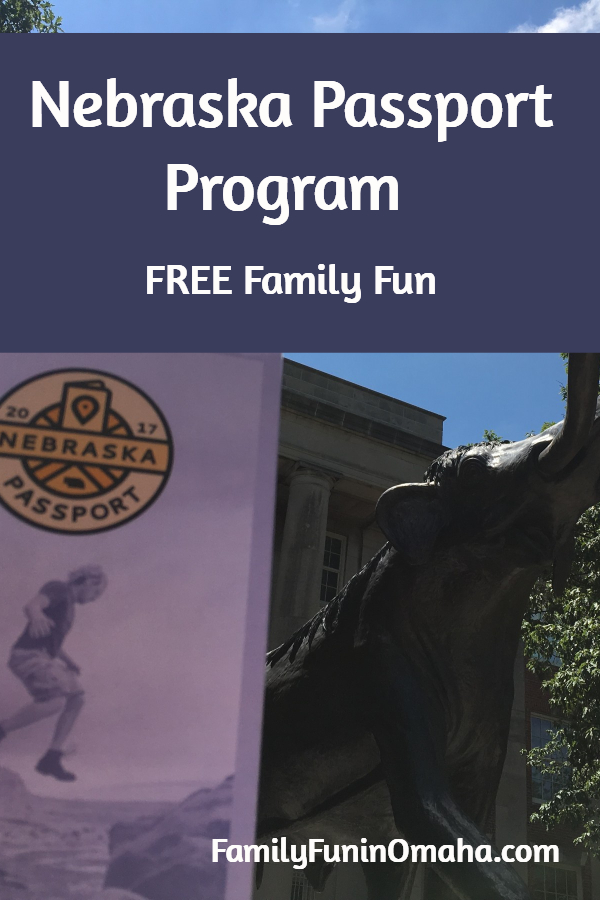 A close up of an animal statue with overlay text that reads Nebraska Passport Program Free Family Fun