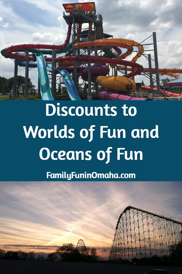 A collage of photos with overlay text that reads, Discounts to Worlds of Fun and Oceans of Fun.