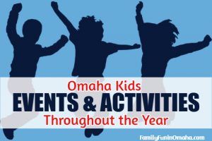A graphic outline of kids jumping in the air with overlay text that reads Omaha Kids Events and Activities throughout the Year.