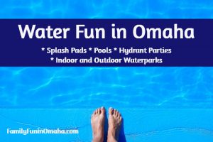 A close up of a person\'s feet at the edge of a pool with overlay text that reads Water Fun in Omaha