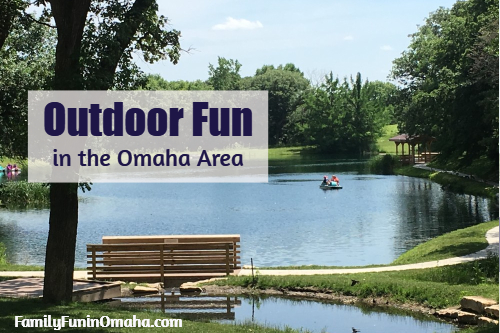 A park bench next to a lake with overlay text that reads Outdoor Fun in the Omaha Area