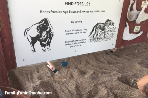 A sign over a fossil children\'s fossil dig pit at Ashfall Fossil Beds. 
