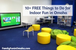 A tv and lounge area at an indoor play center with overlay text that reads, \"10+ Free Things to do Indoor Fun in Omaha.\"