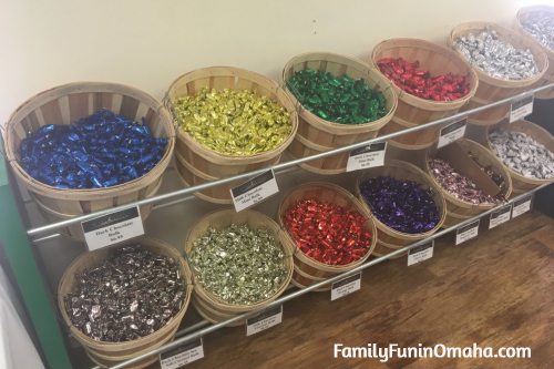 A display of colorful candies at Baker\'s Candies.