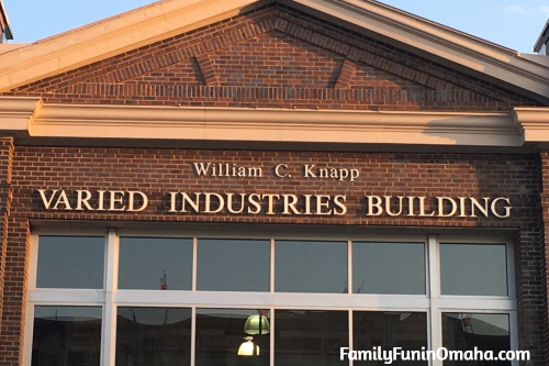 The front of a building labeld William C. Knapp Varied Industries Building at the Iowa State Fair.