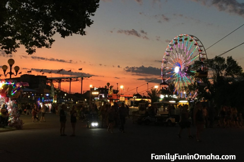 A ferris wheel and other carnival rides at the Iowa State Fair lit up at night.
