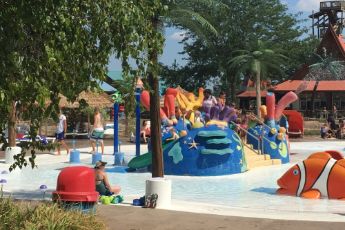 A close up of families playing at a children\'s area at Lost Island Waterpark.