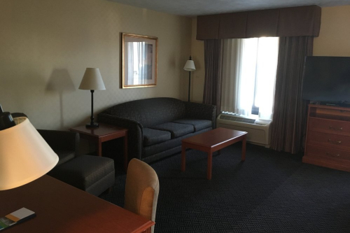 The couch and living area at the Hampton Inn in Waterloo.