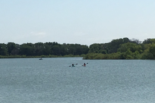 Two people kayaking in a body of water near Lost Island Waterpark.