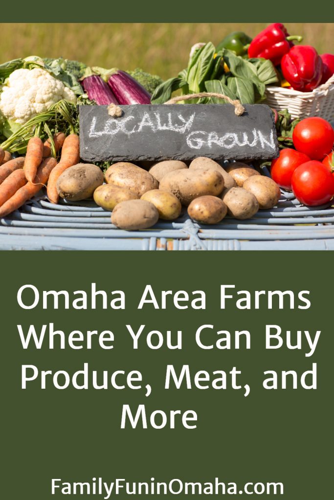 A bunch of fresh vegetables with overlay text that reads Omaha Area farms where you can buy produce, meat, and more