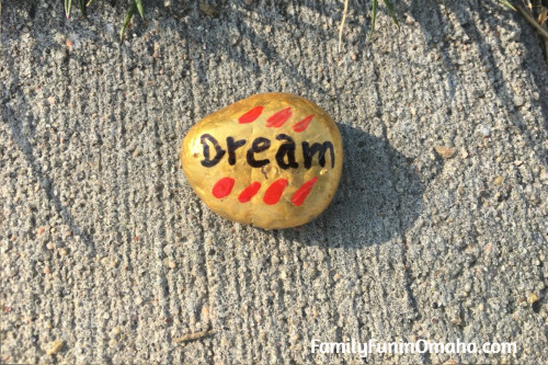 A close up of a painted rock that reads, \"Dream.\"