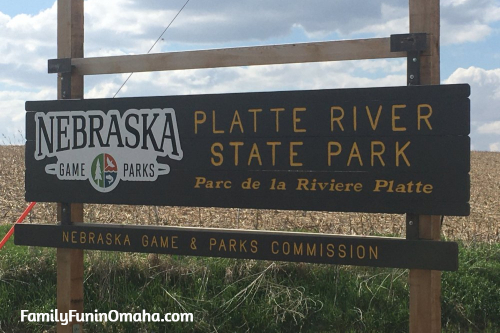 The wooden entrance sign at Platte River State Park