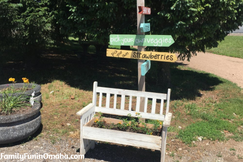 A bench in front of a multi-directional sign at Nelson Farm.