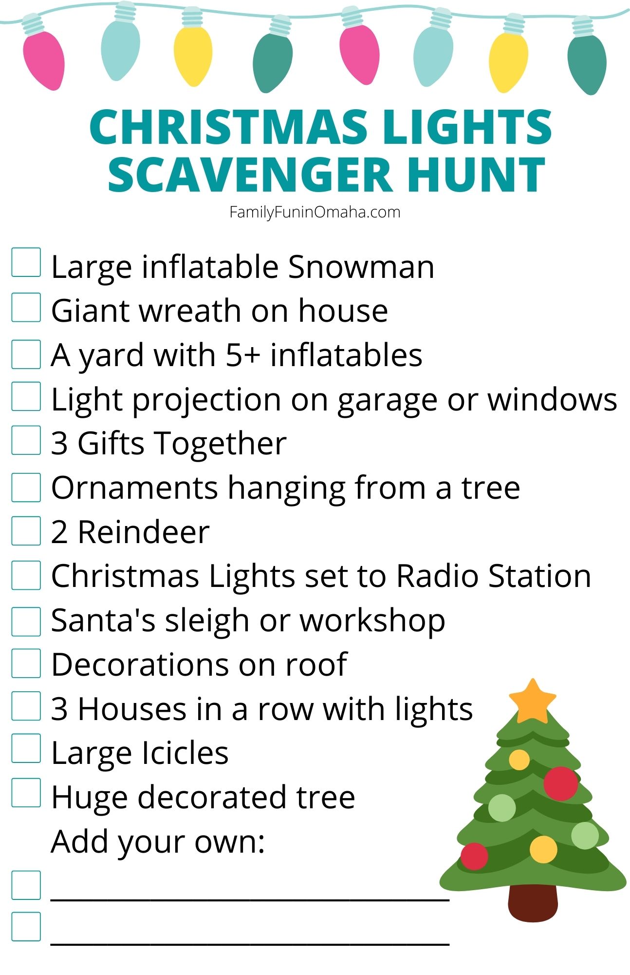 A Christmas lights scavenger hunt checklist