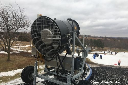 A close up of a snow making machine at Mahoney State Park